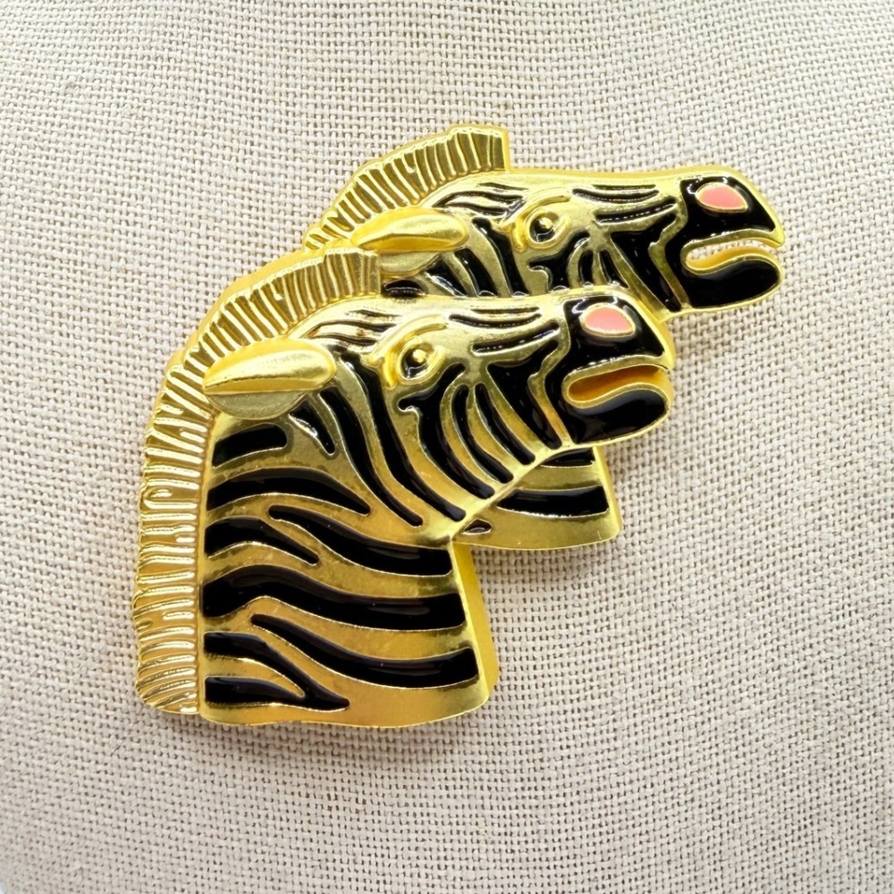 Pair of Zebras Brooch Gold Tone Black Enamel Animal Pin 2"